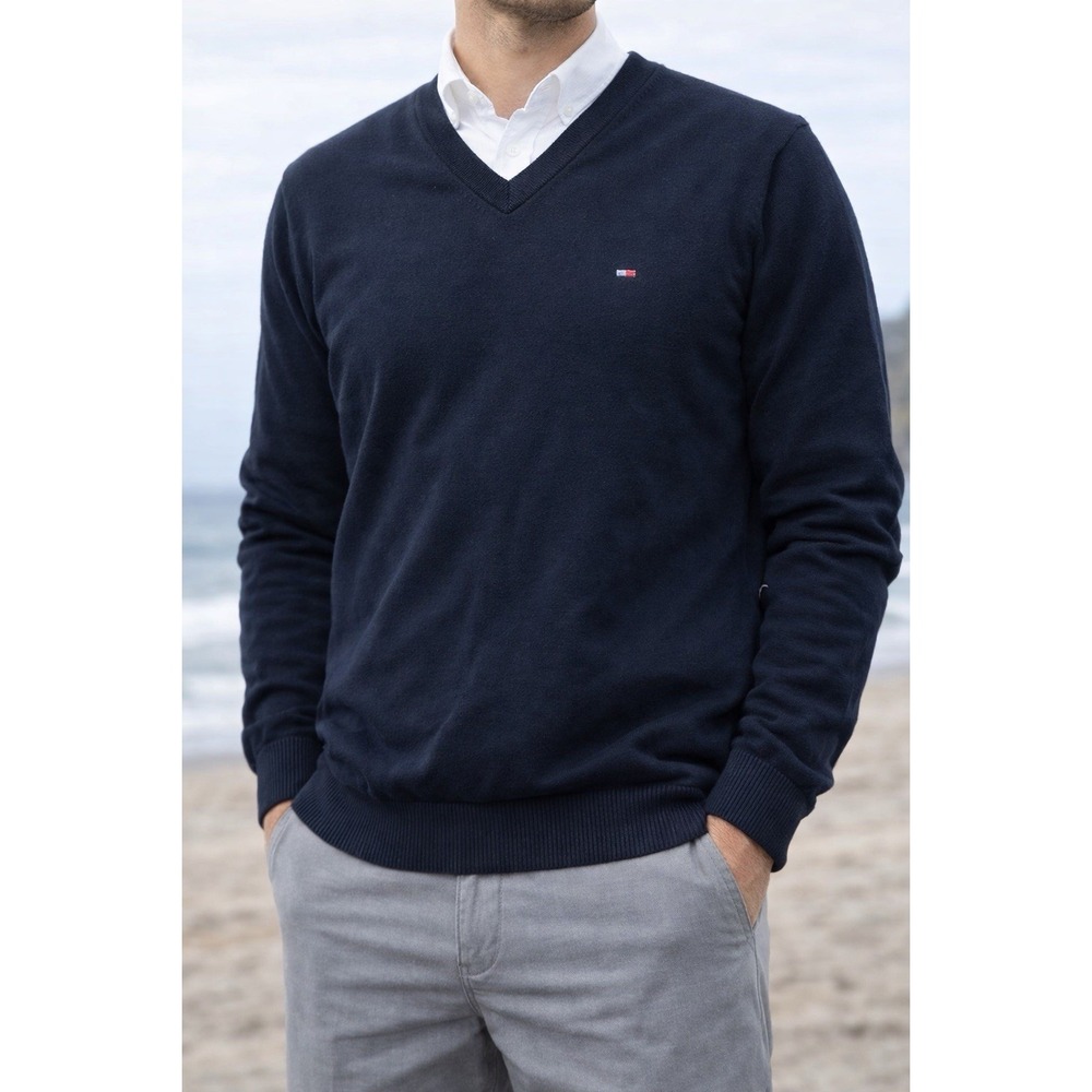Tommy Hilfiger V-Neck Cotton Sweater Black XL Classic Logo Pullover